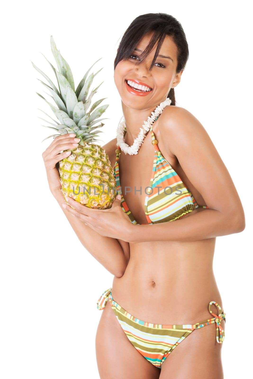 happy summer woman in a bikini with pineapple. isolated on white
