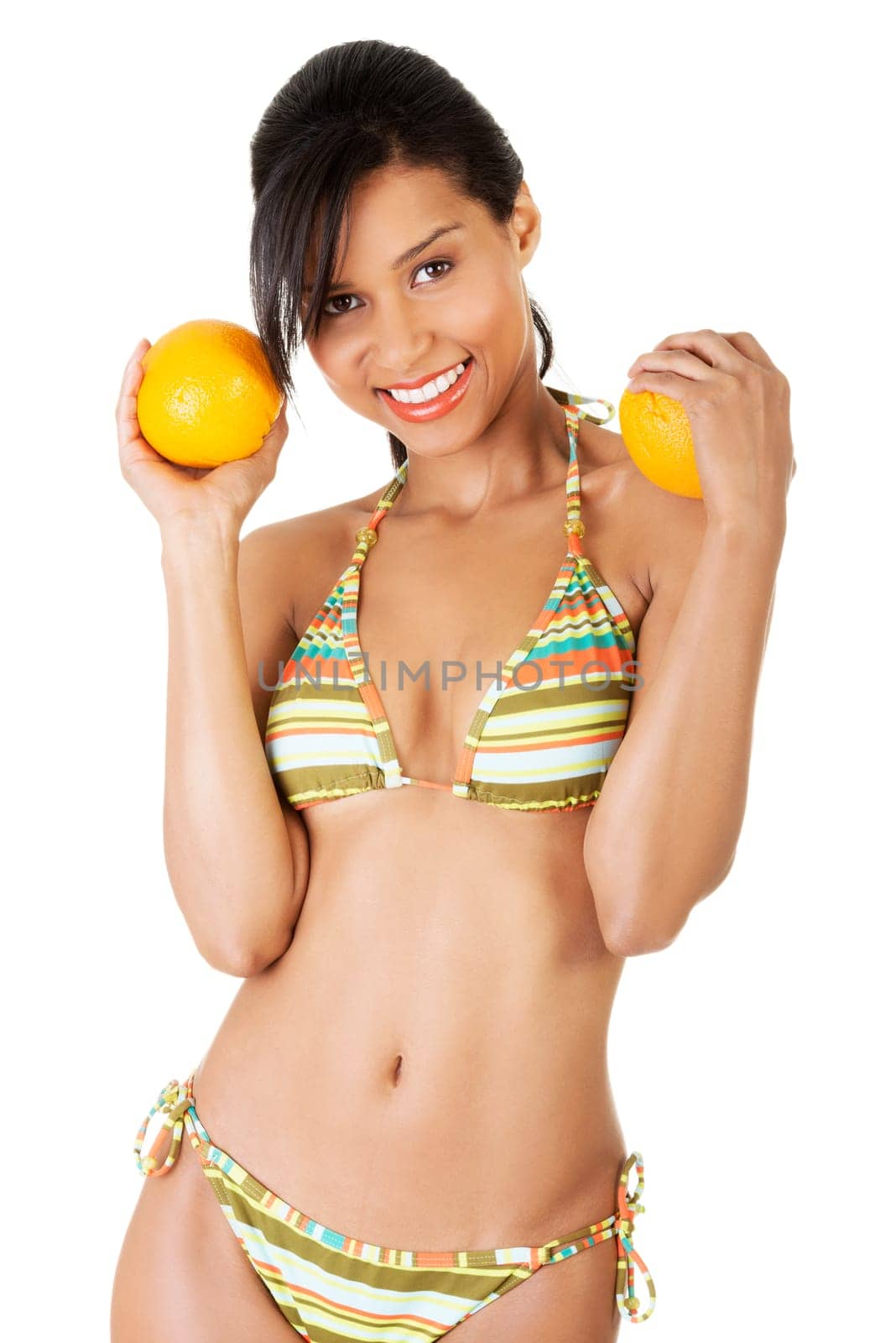 happy summer woman in bikini with oranges. isolated on white
