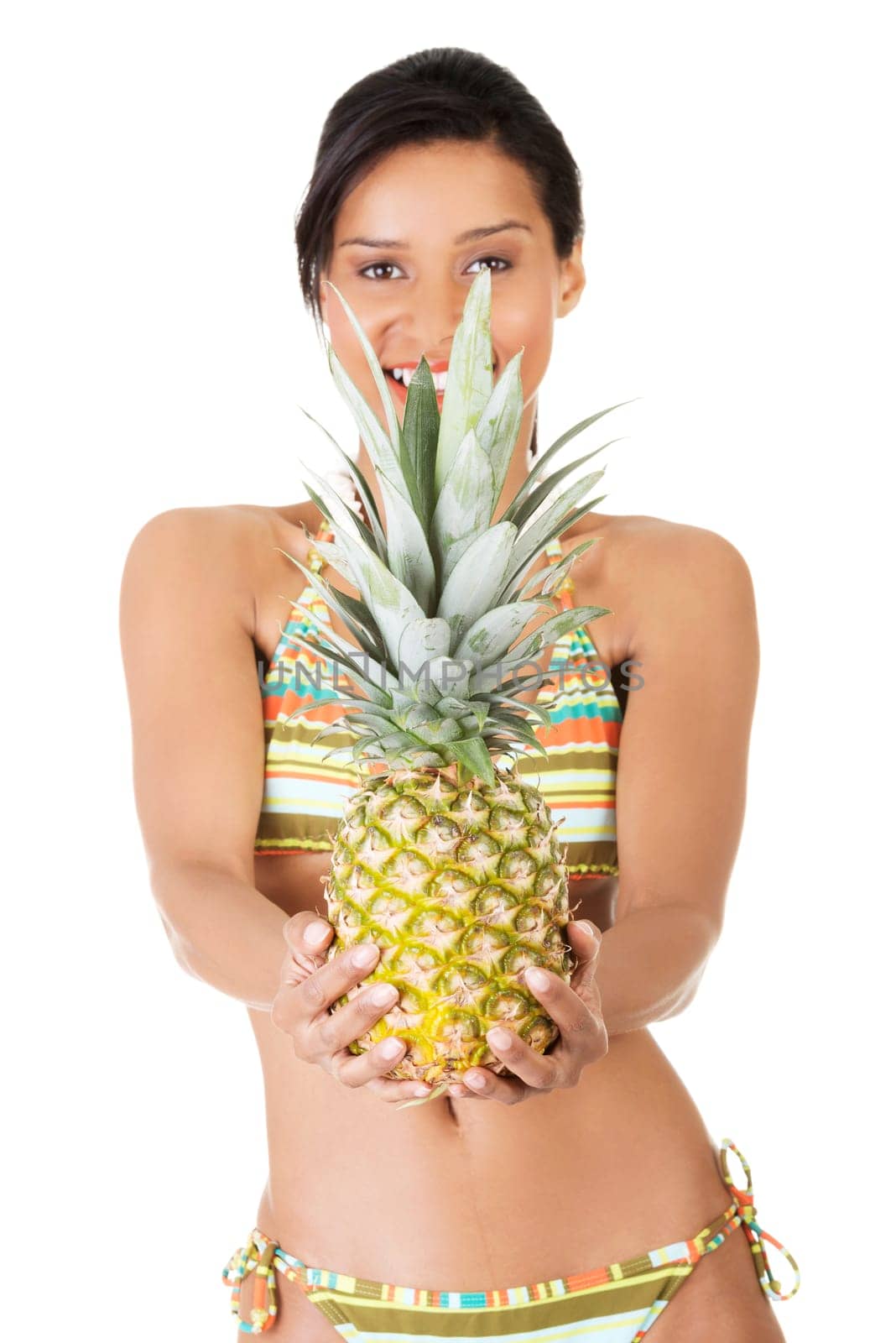 happy summer woman in a bikini with pineapple. isolated on white