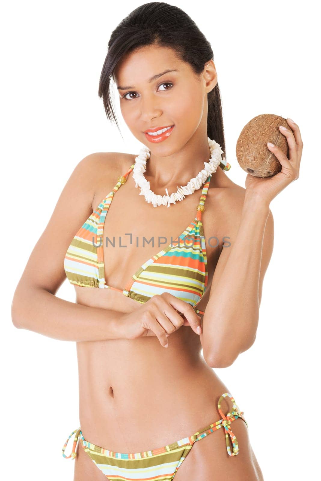 happy excited summer woman with coconut. isolated on white.
