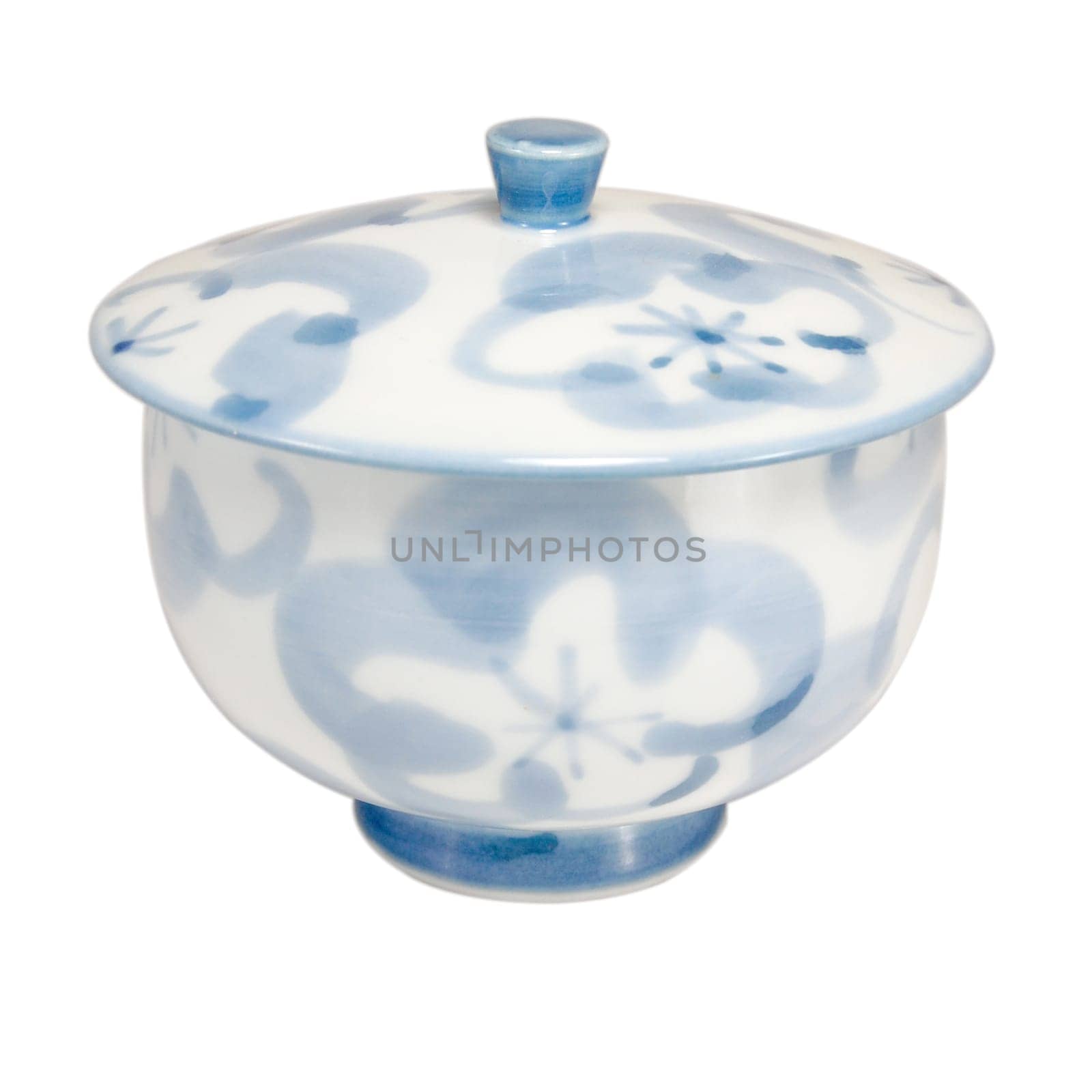 Japanese sugar bowl, blue on white, isolated on white with path