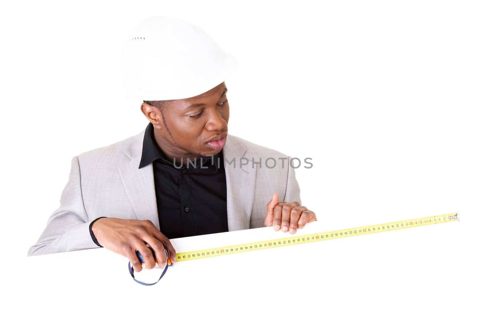 Businessman presenting empty banner. Isolated on white background