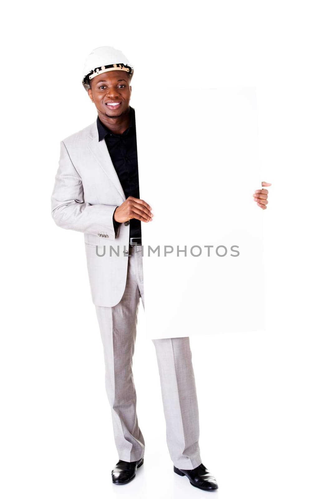 Businessman presenting empty banner. Isolated on white background