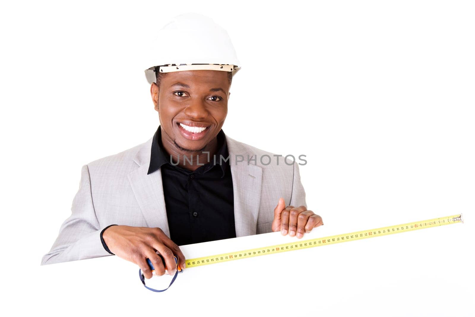 Businessman presenting empty banner. Isolated on white background