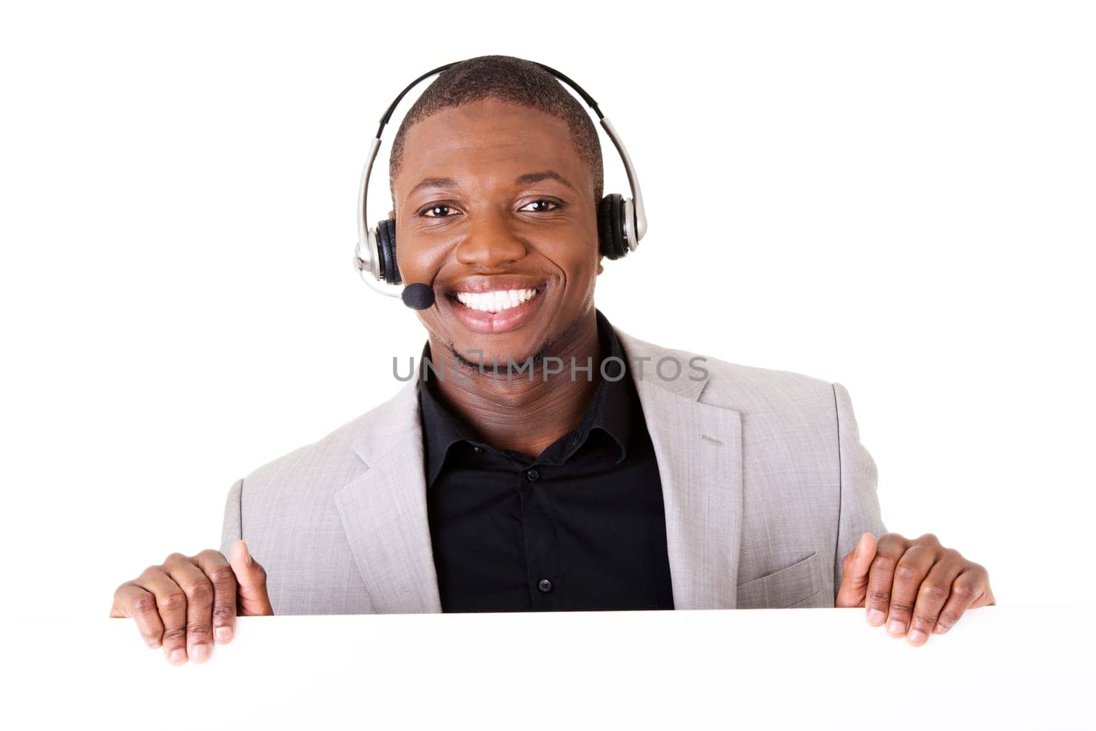 Successful call center worker with blank board, isolated on white