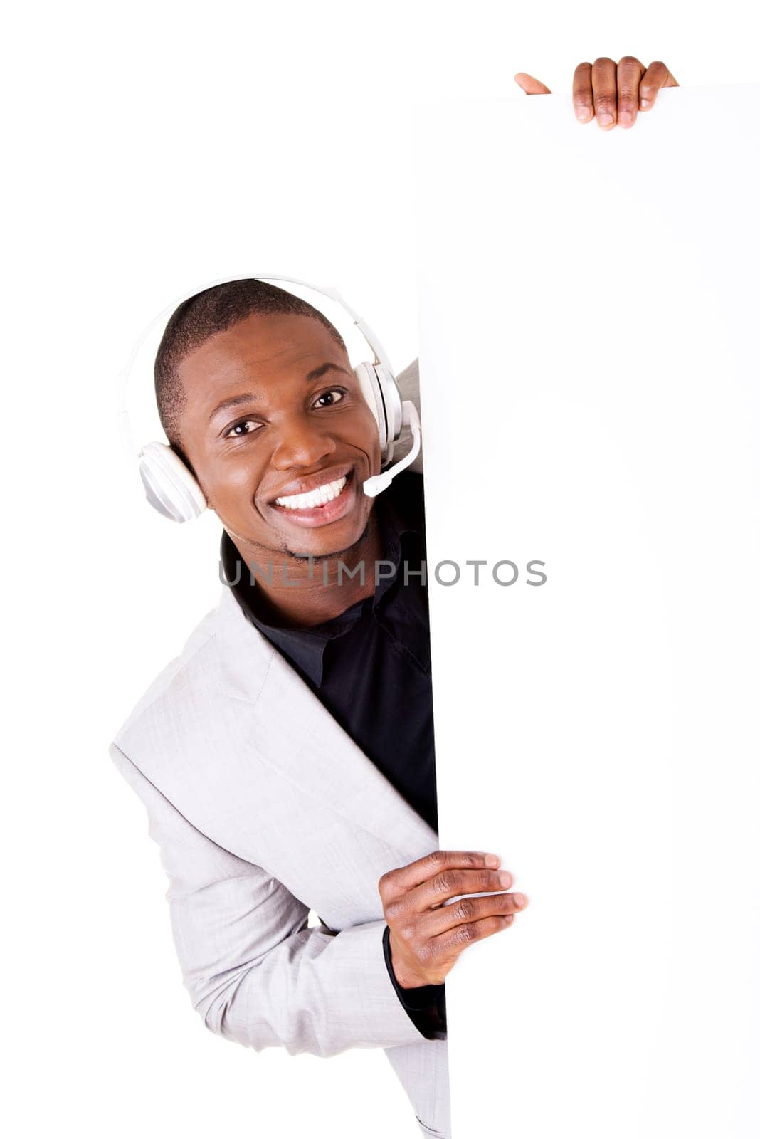 Successful call center worker with blank board, isolated on white