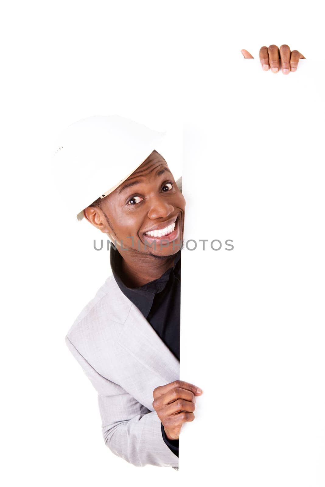 Businessman presenting empty banner. Isolated on white background