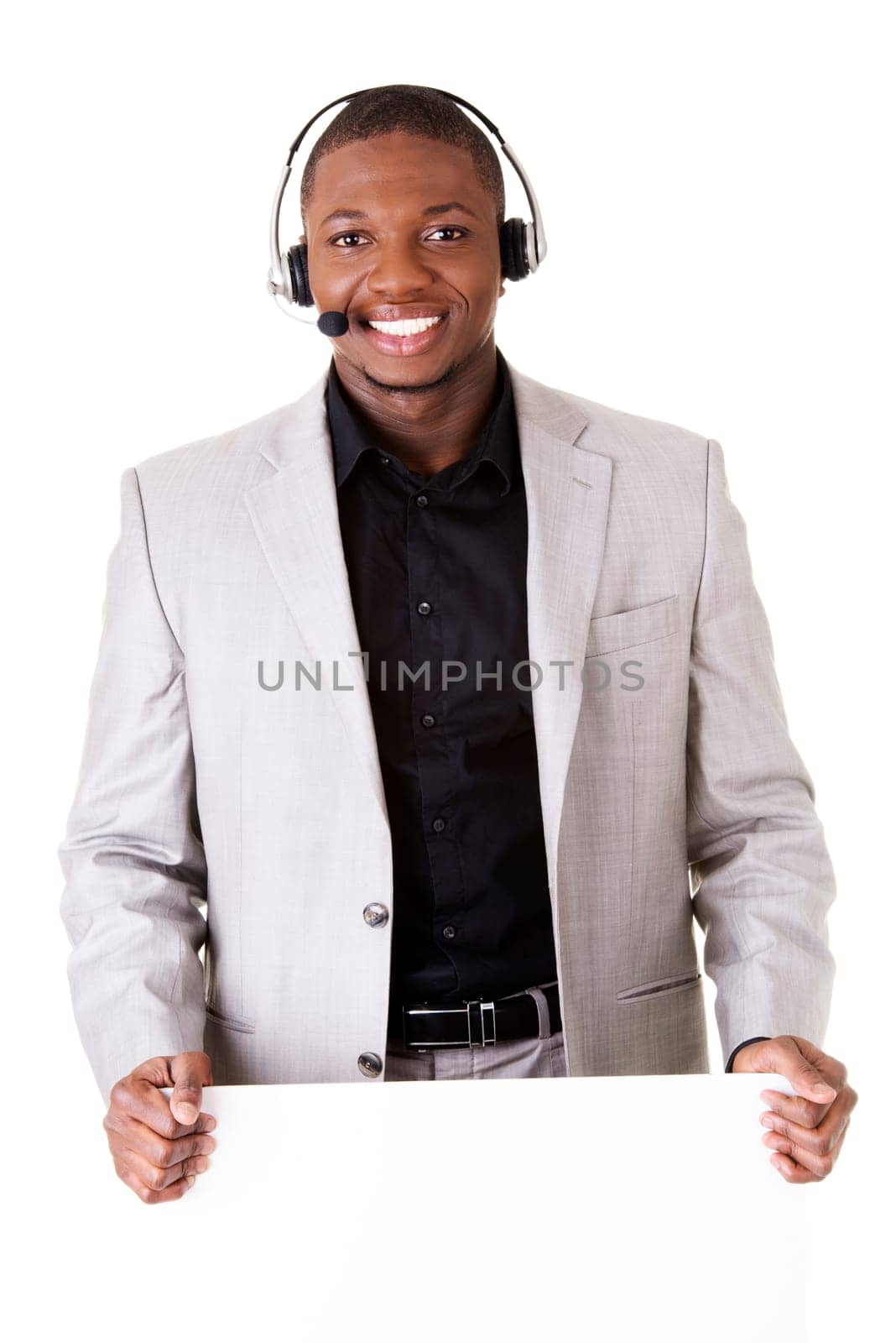 Successful call center worker with blank board, isolated on white