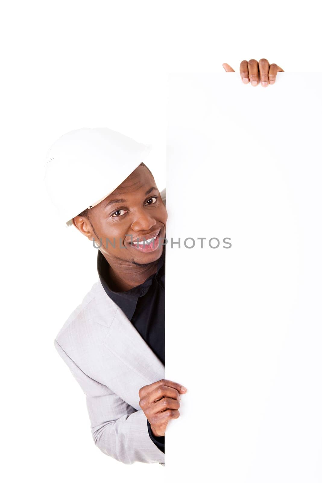 Businessman presenting empty banner. Isolated on white background