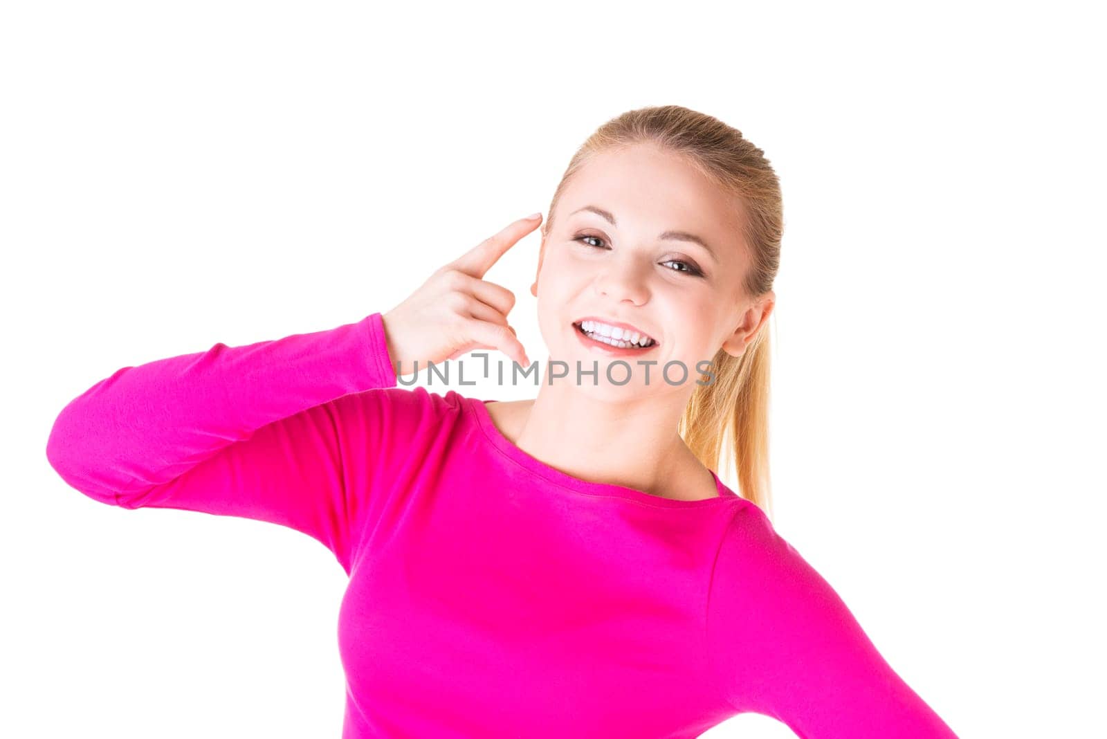 Young happy woman gesturing "call me"" , isolated"