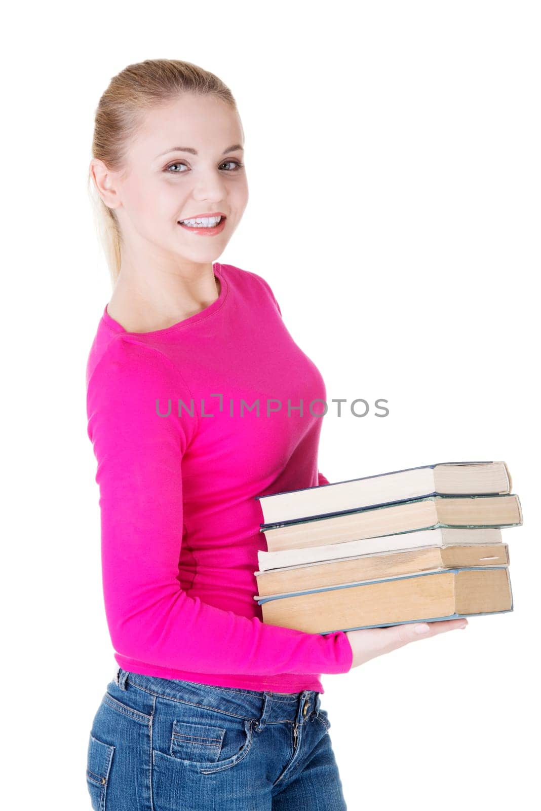 Young caucasian woman (student) with books , isolated on white