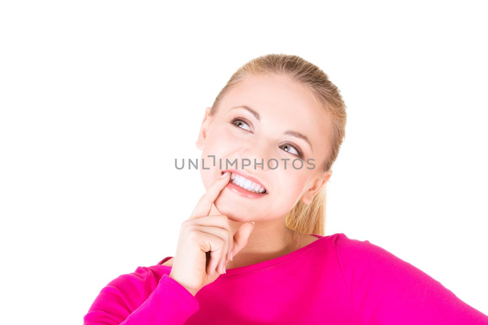 Surprised and excited woman looking up, isolated on white