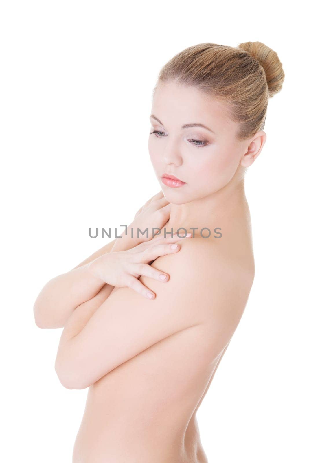 Beautiful fit topless woman, isolated on white