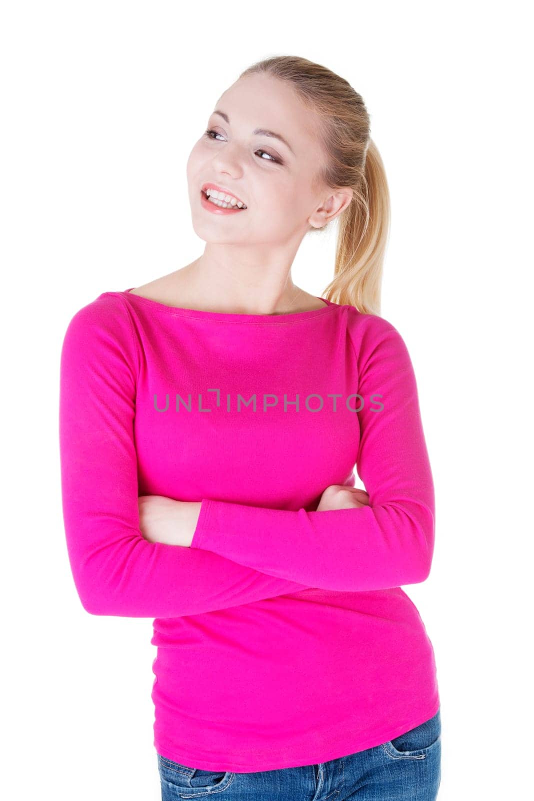 Surprised and excited woman looking up, isolated on white