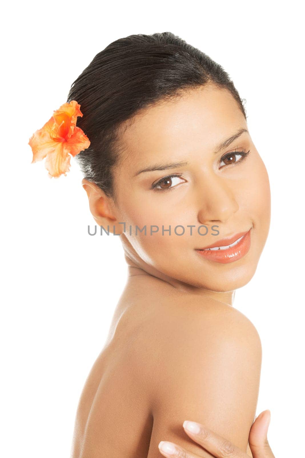 Beautiful face of exotic woman with healthy clean skin. Isolated on white.