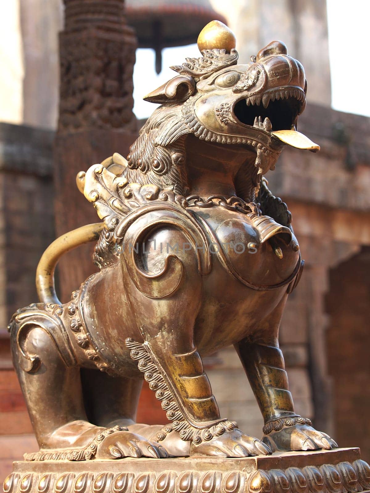 bronze lion in temple in Nepal