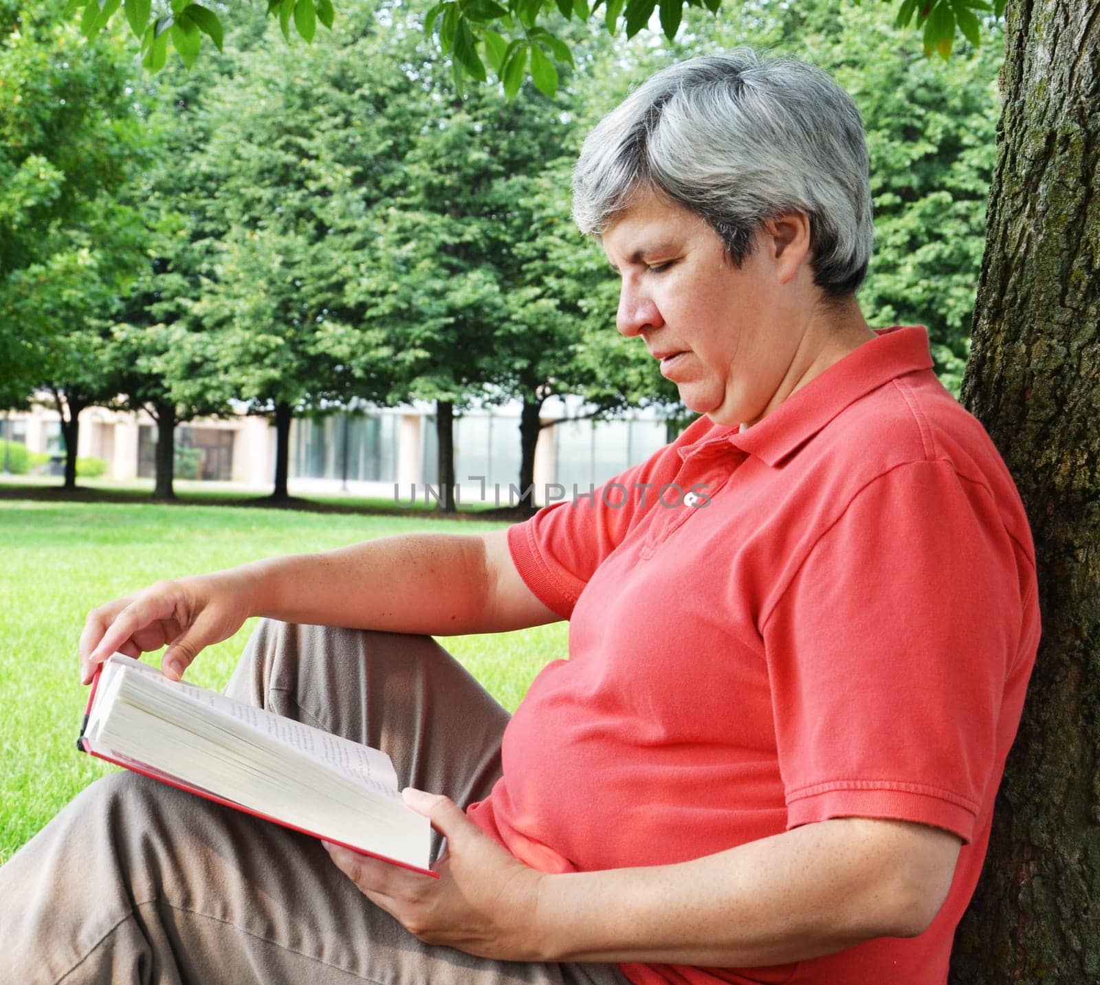 Middle-aged woman reading a book seated by a treee