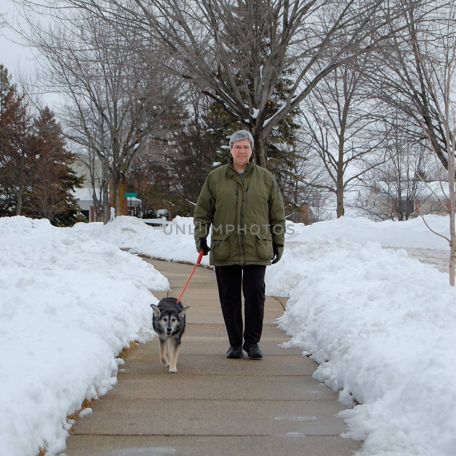 middle aged woman walking dog, winter sidewalk