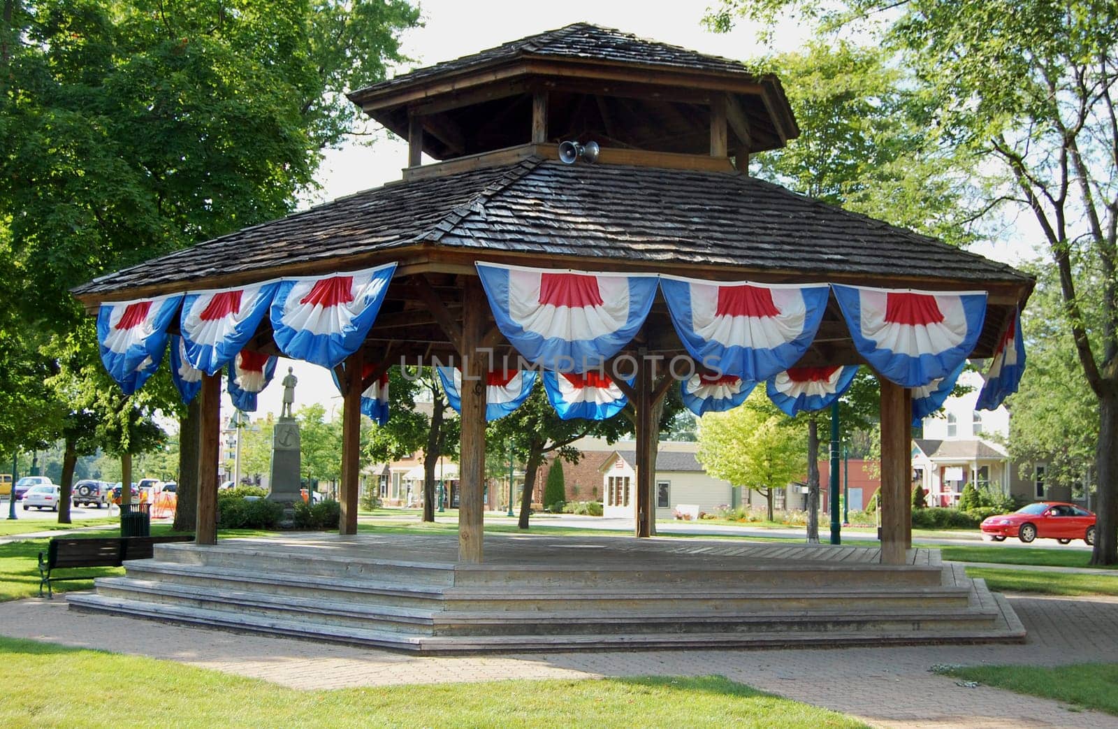 Bandstand with 4th of July bunting, Dexter, Michigan