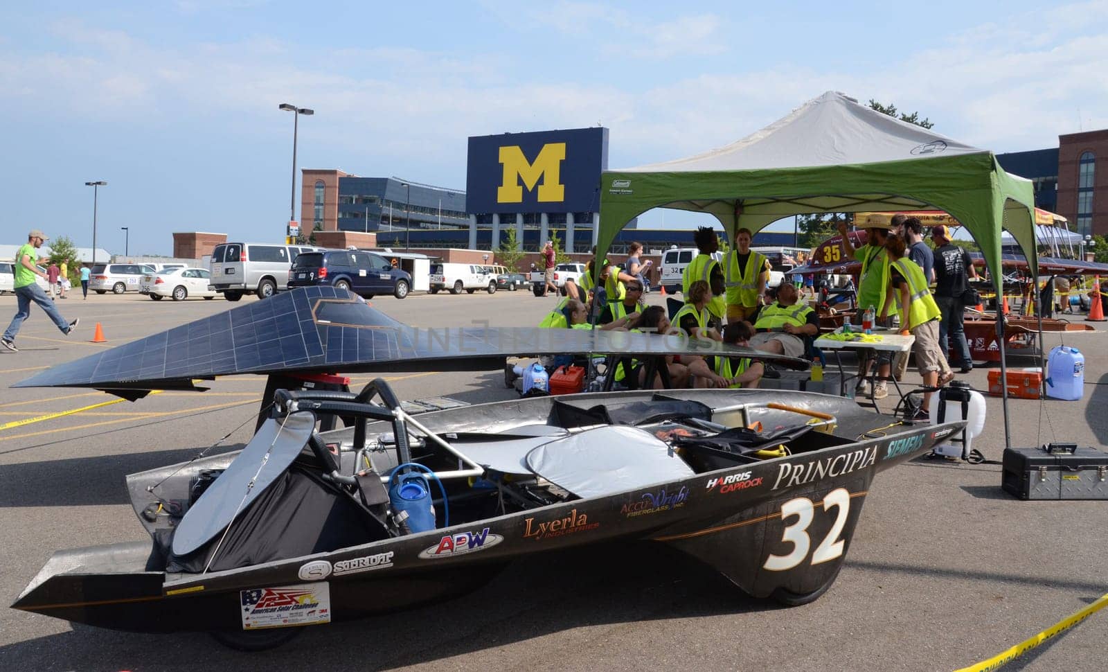 ANN ARBOR, MI - JULY 16: Principia College’s solar car at the American Solar Challenge stop July 16, 2012 in Ann Arbor, MI.