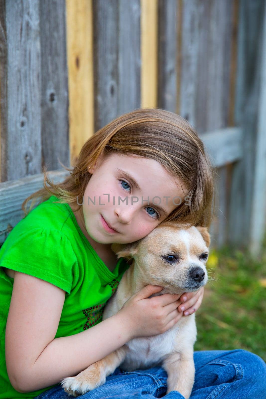 Blond happy girl with her chihuahua doggy portrait on backyard fence