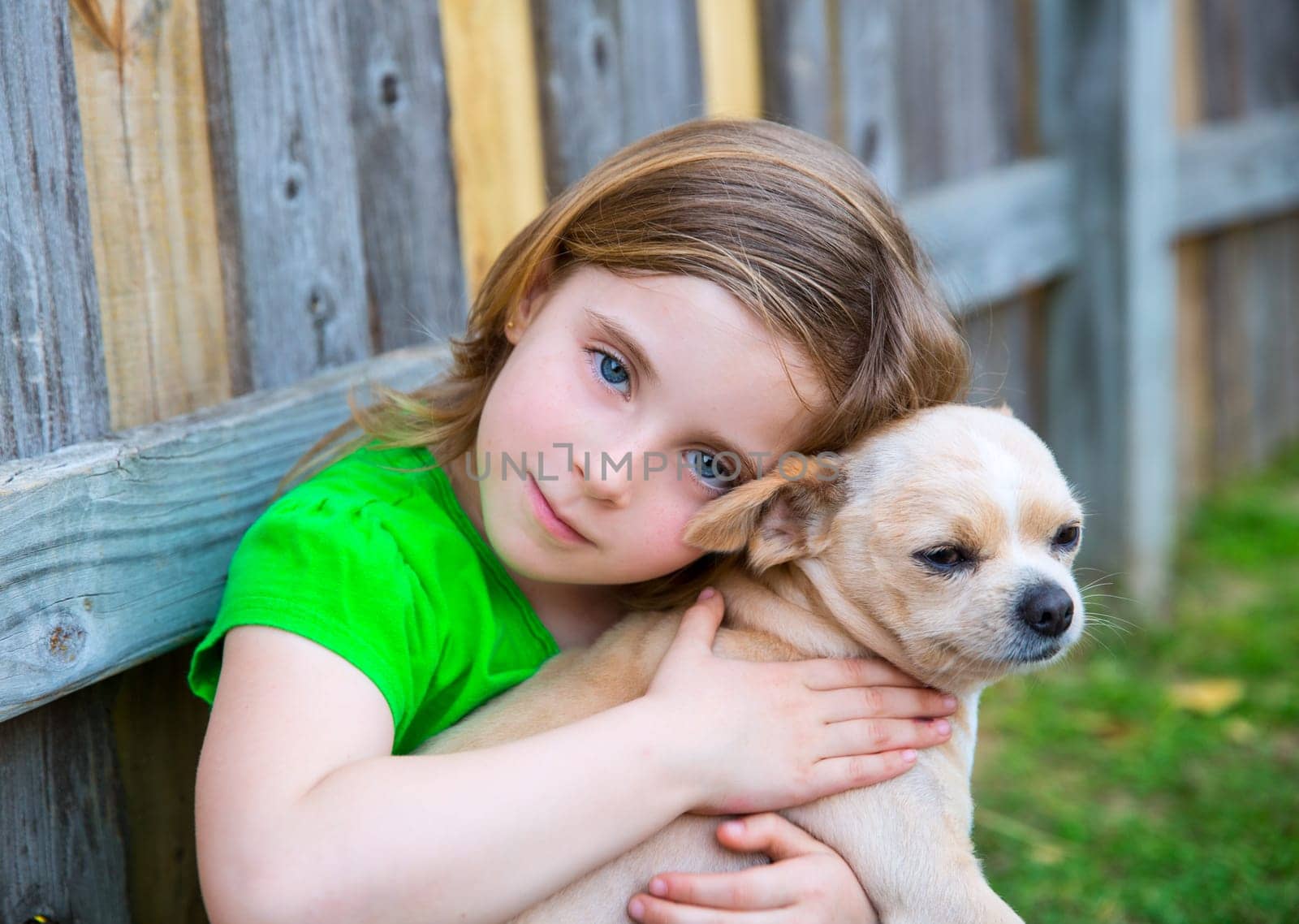 Blond happy girl with her chihuahua doggy portrait on backyard fence