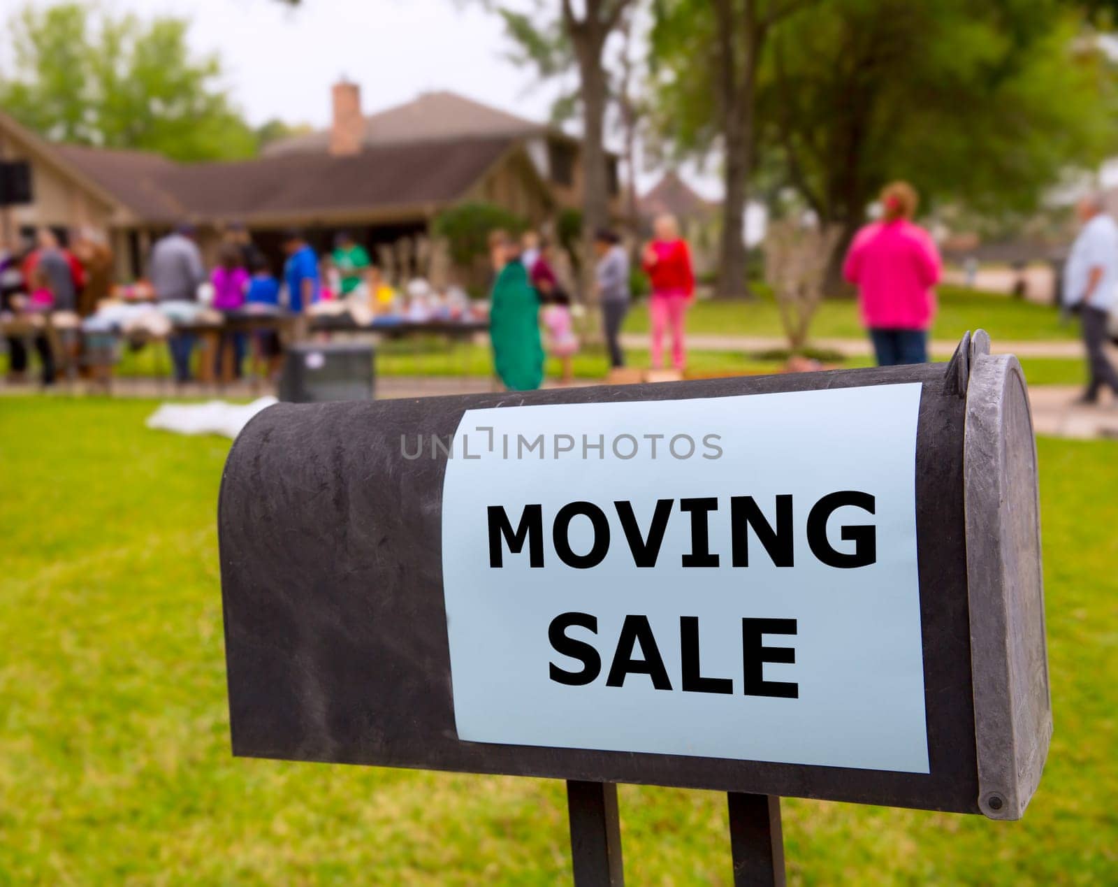 Moving sale in an american weekend on the yard green lawn