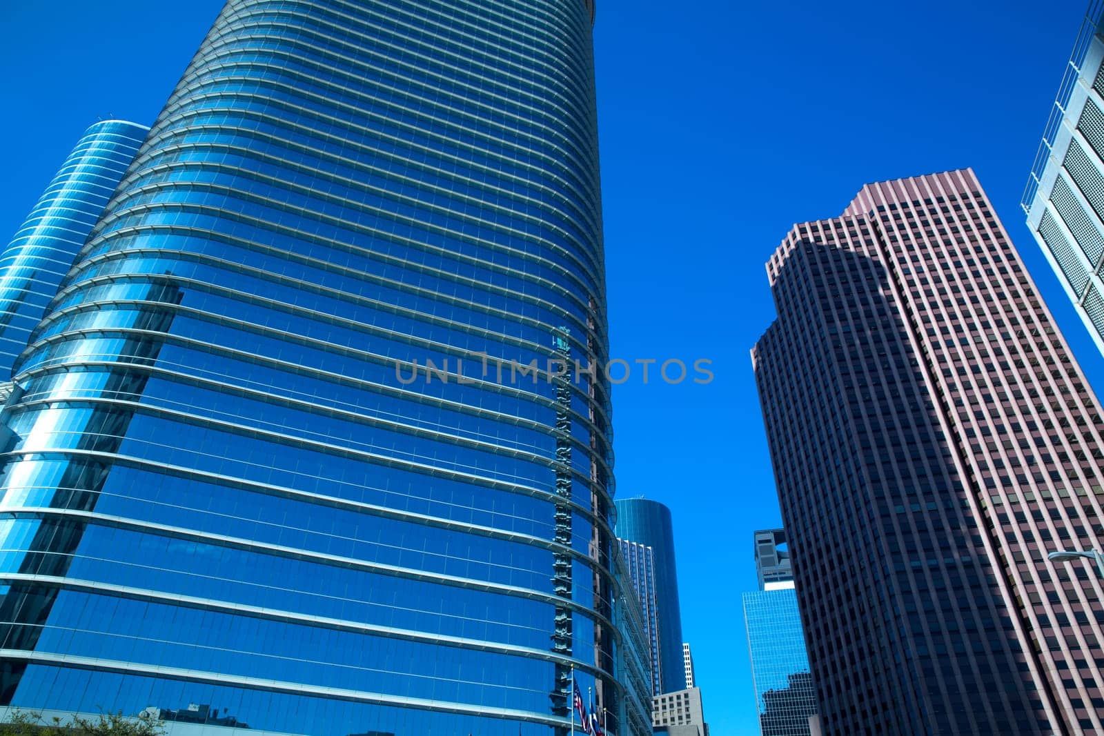 Downtown Houston in Texas cityscape mirror blue skyscrapers details