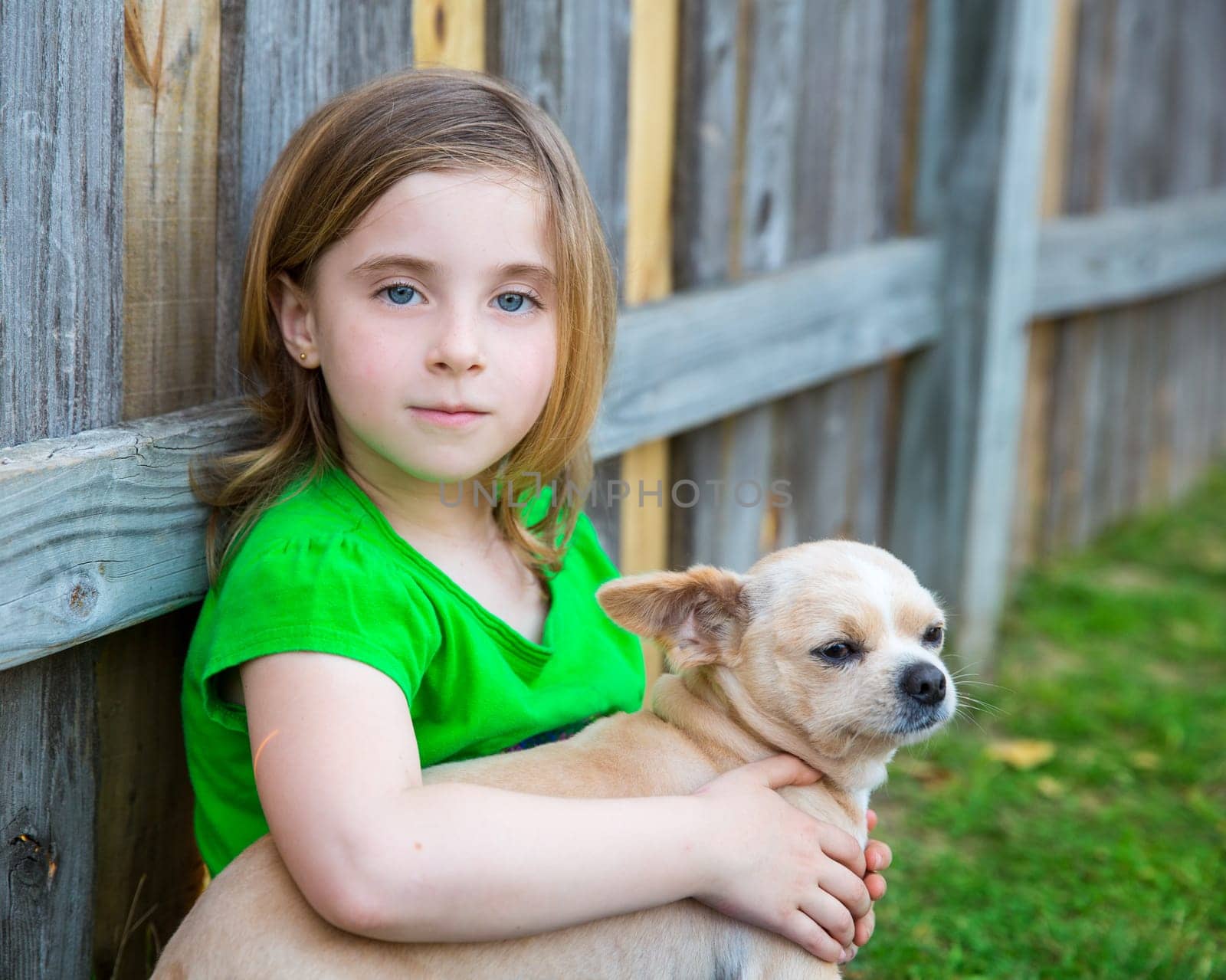 Blond happy girl with her chihuahua doggy portrait on backyard fence