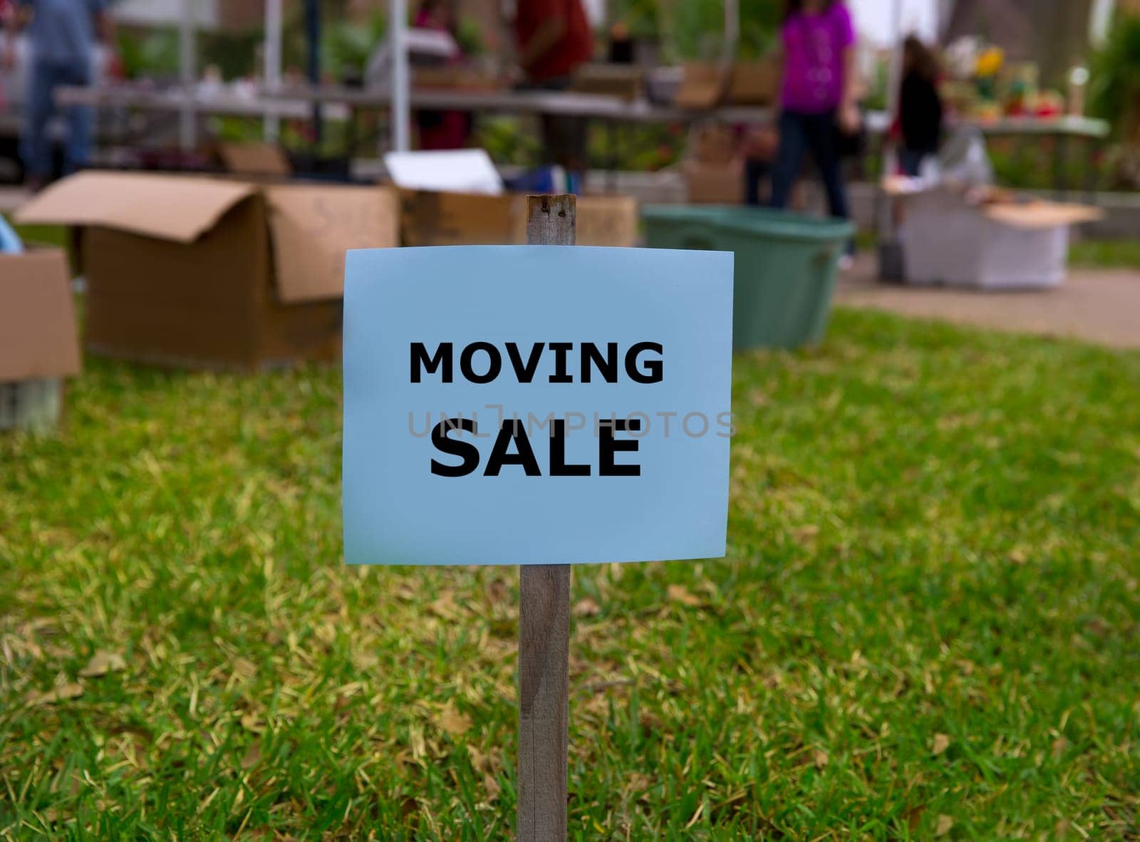 Moving sale in an american weekend on the yard green lawn