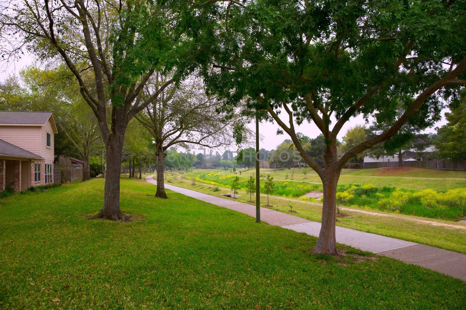 Creek park with track and green lawn grass in Texas outdoor