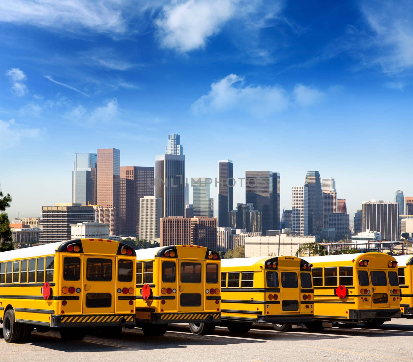 American typical school bus rear view in a row at LA skyline photo mount