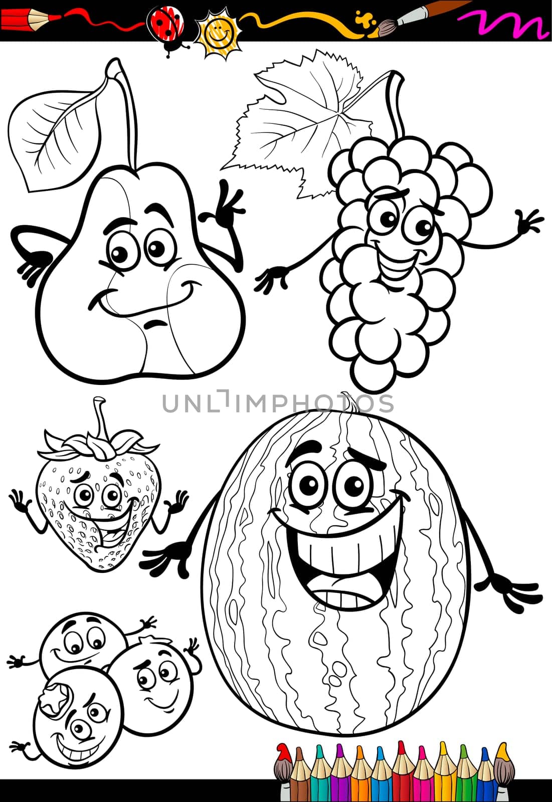 Coloring Book or Page Cartoon Illustration of Black and White Fruits Food Comic Characters Set for Children Education
