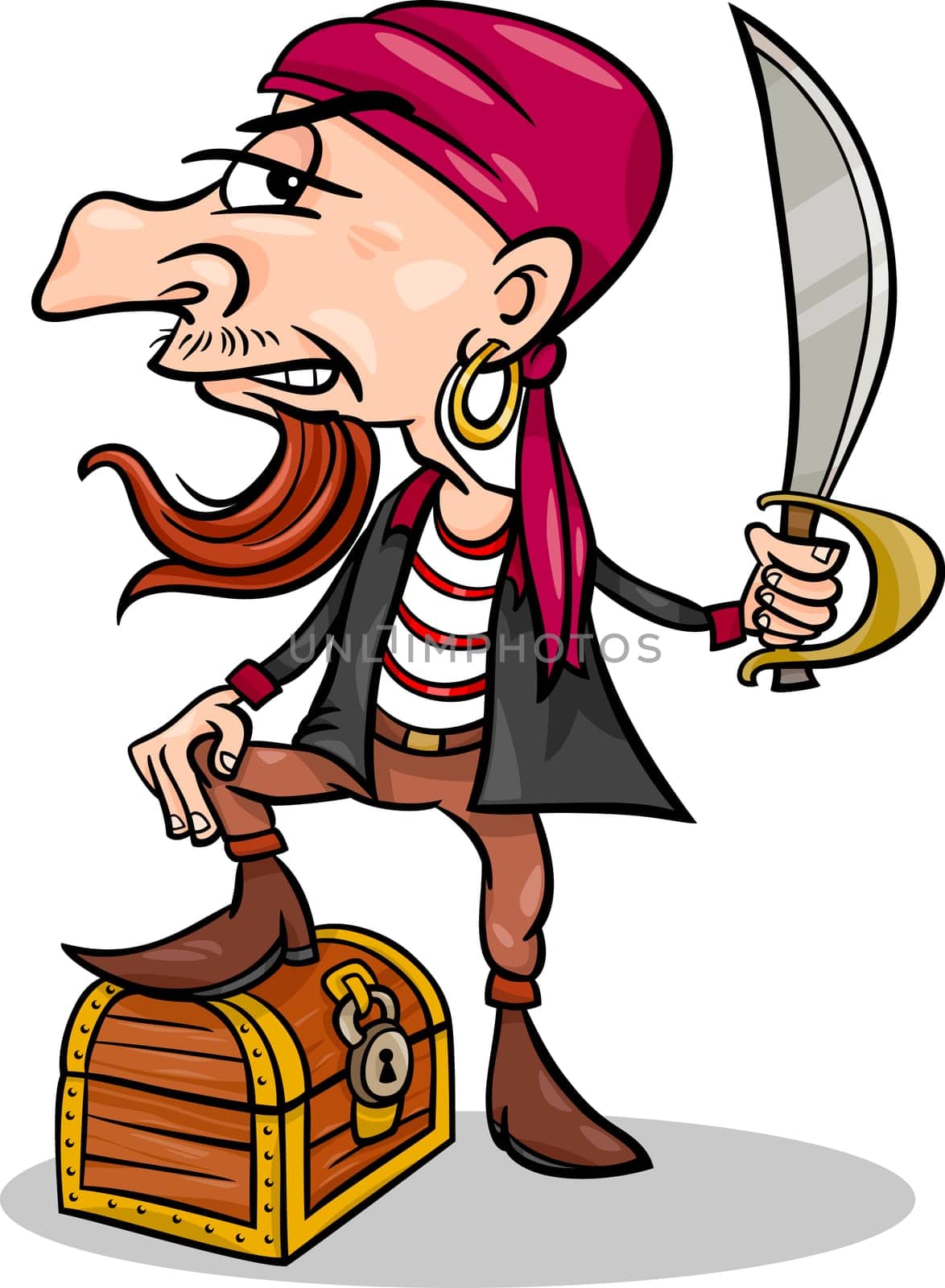 Cartoon Illustration of Funny Pirate or Corsair with Sword and Treasure Chest