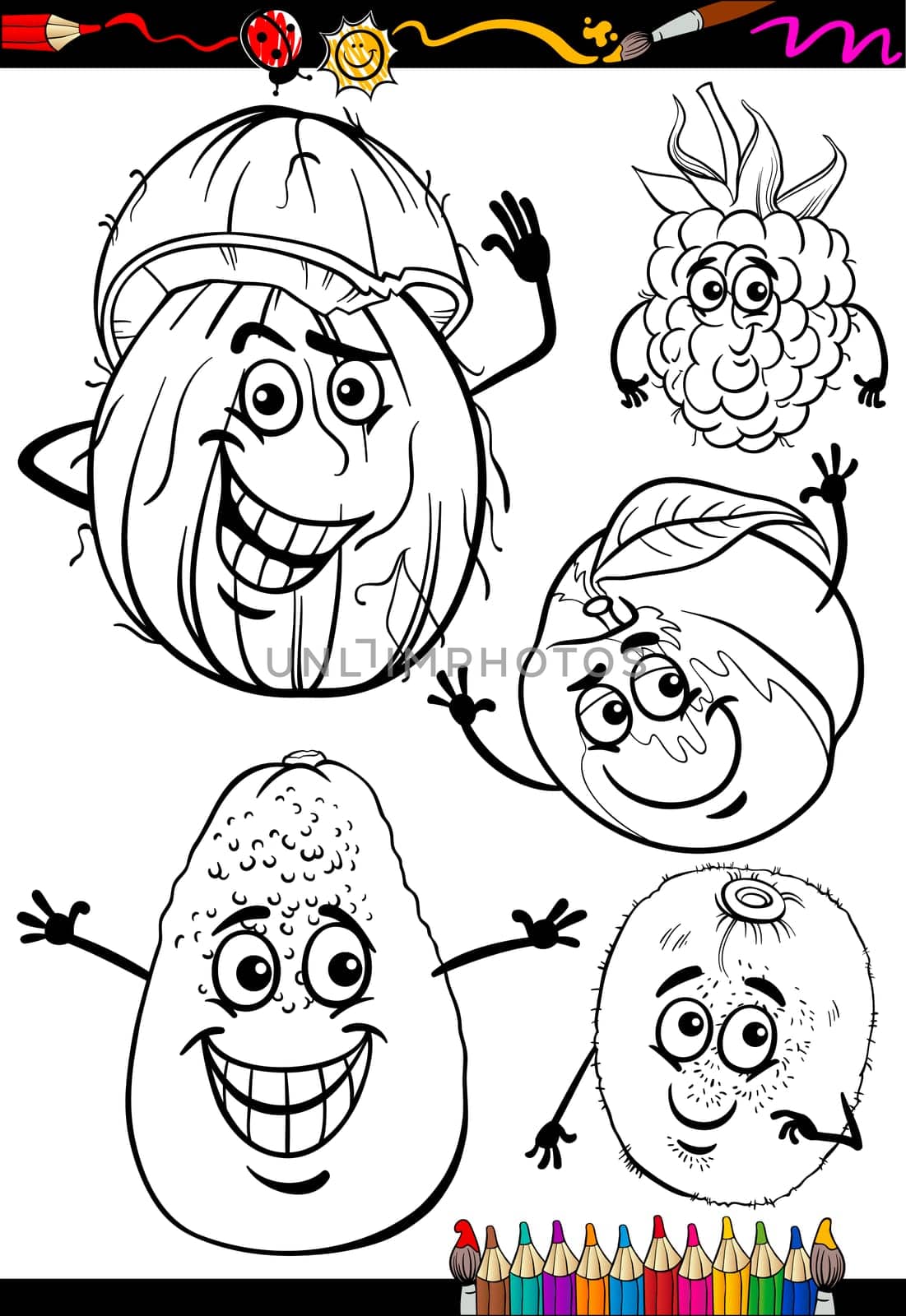 Coloring Book or Page Cartoon Illustration of Black and White Fruits Food Comic Characters Set for Children Education