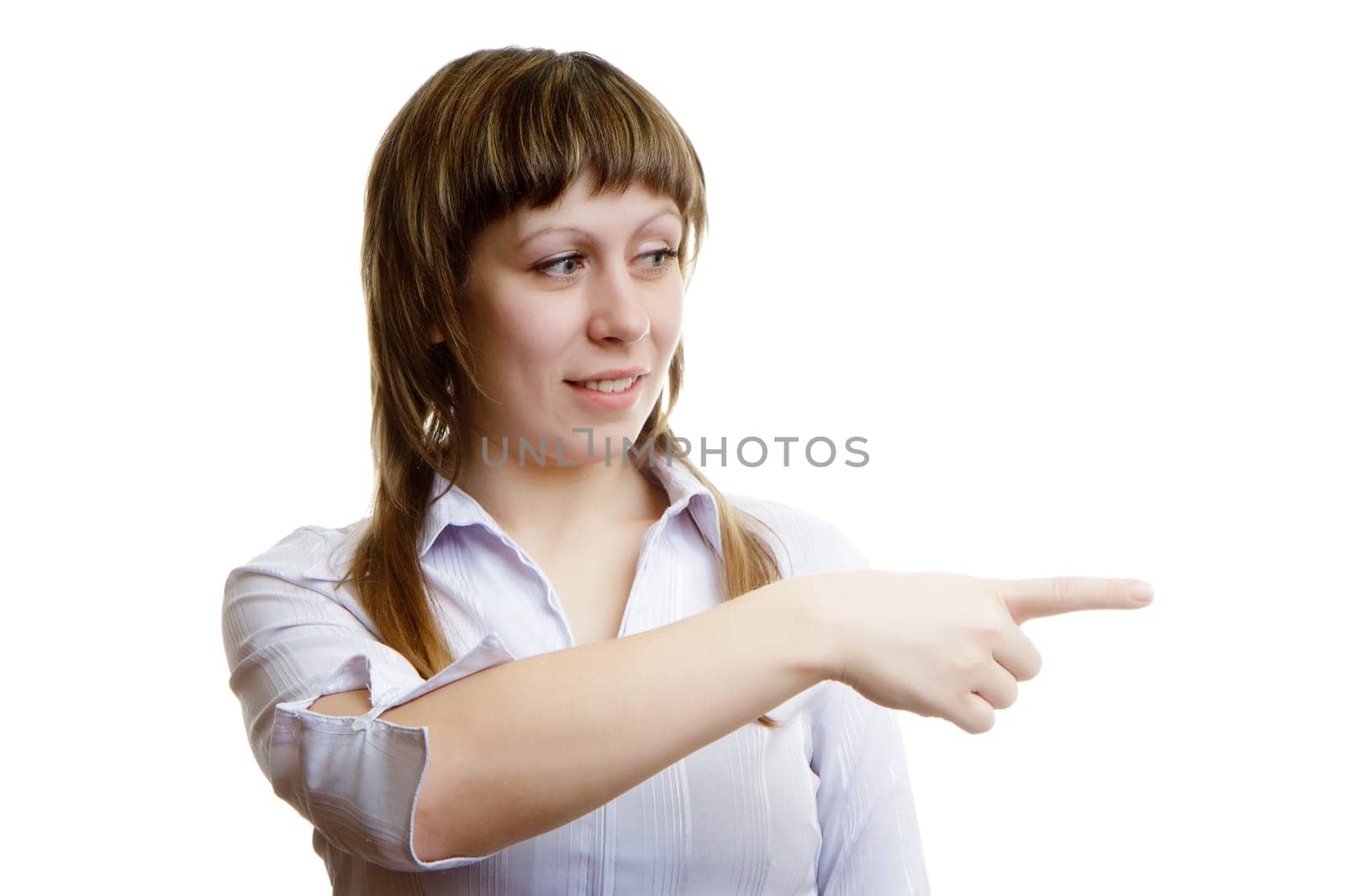 girl shows the index finger on a white background