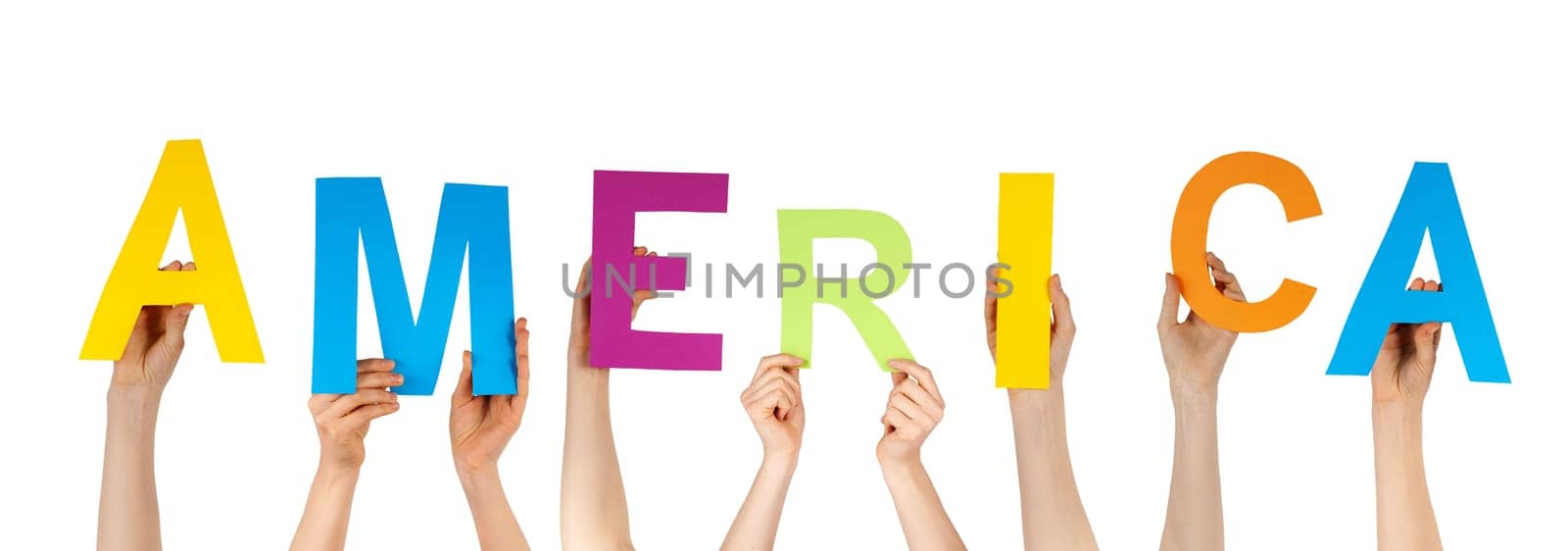 many hands holding the word america, isolated on white