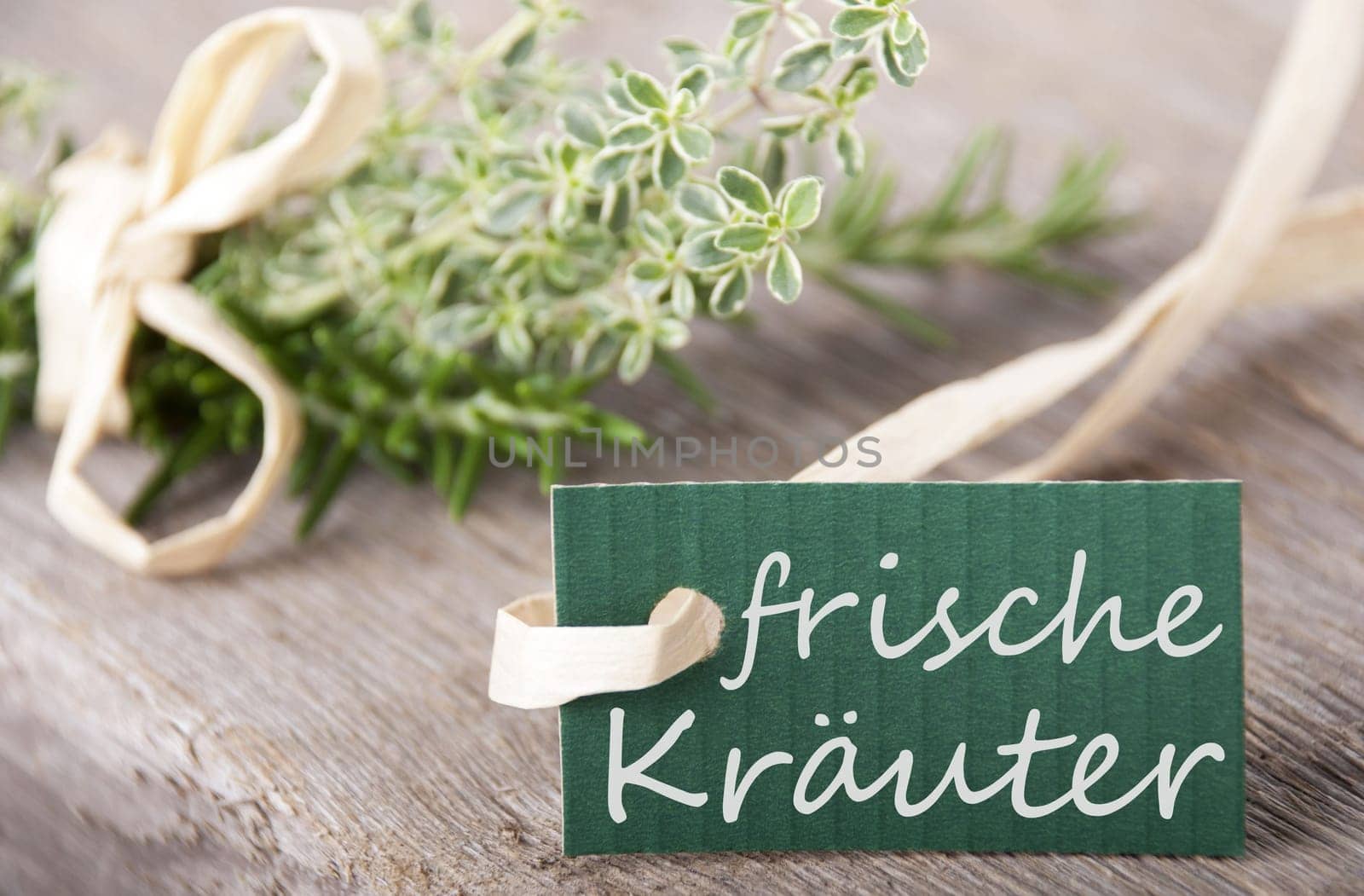 a green label with the german words frische Kräuter which means fresh herbs, herb background