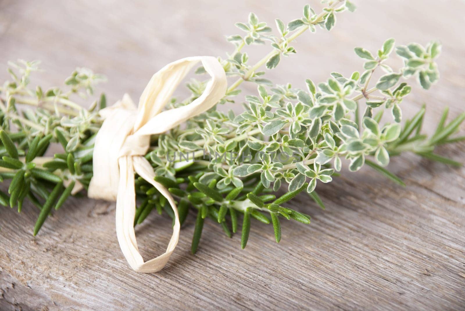 fresh herbs in a bouquet on a wooden background