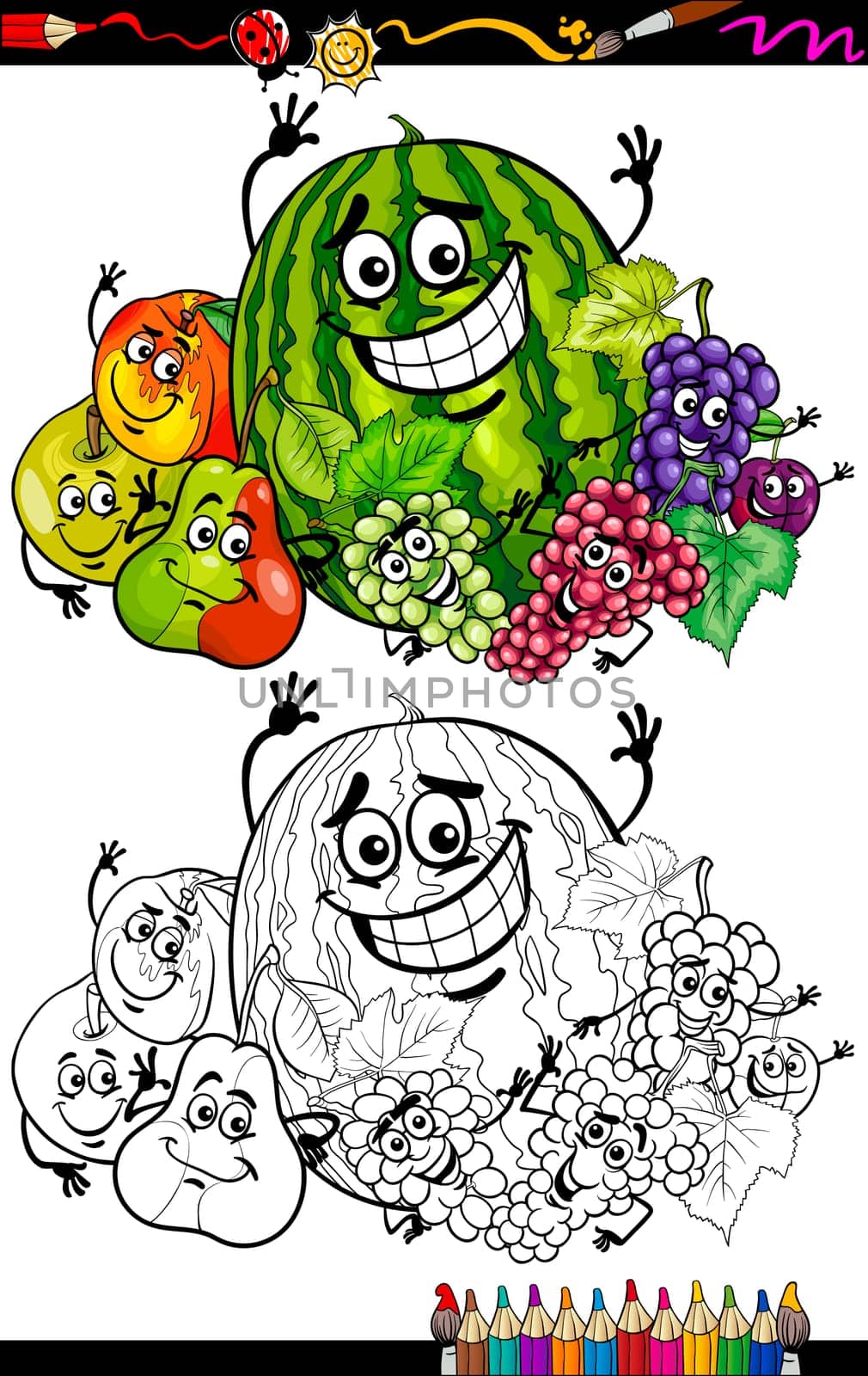 Coloring Book or Page Cartoon Illustration of Funny Fruits Comic Food Characters Group for Children Education