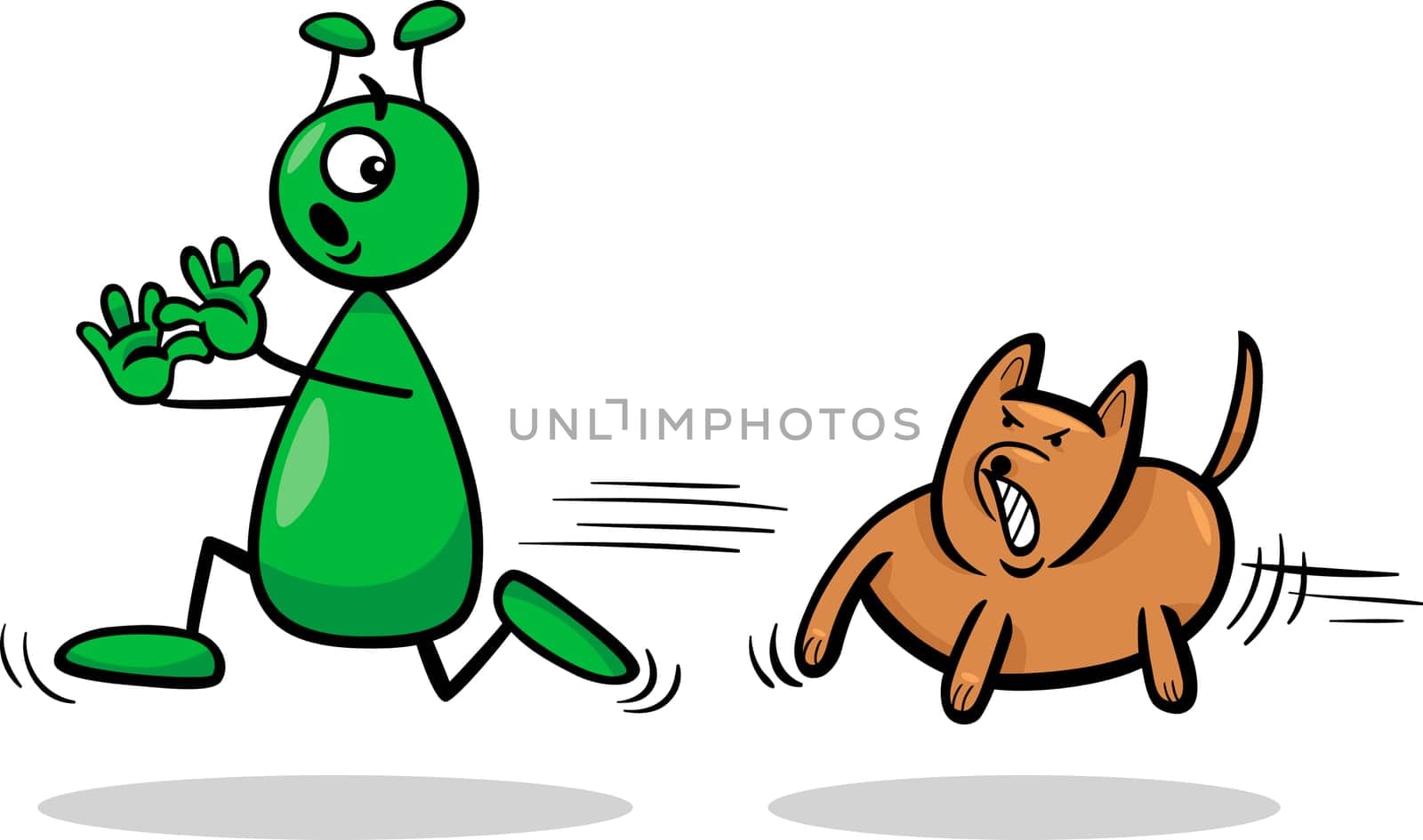 Cartoon Illustration of Funny Alien or Martian Comic Character Running Away form Dog