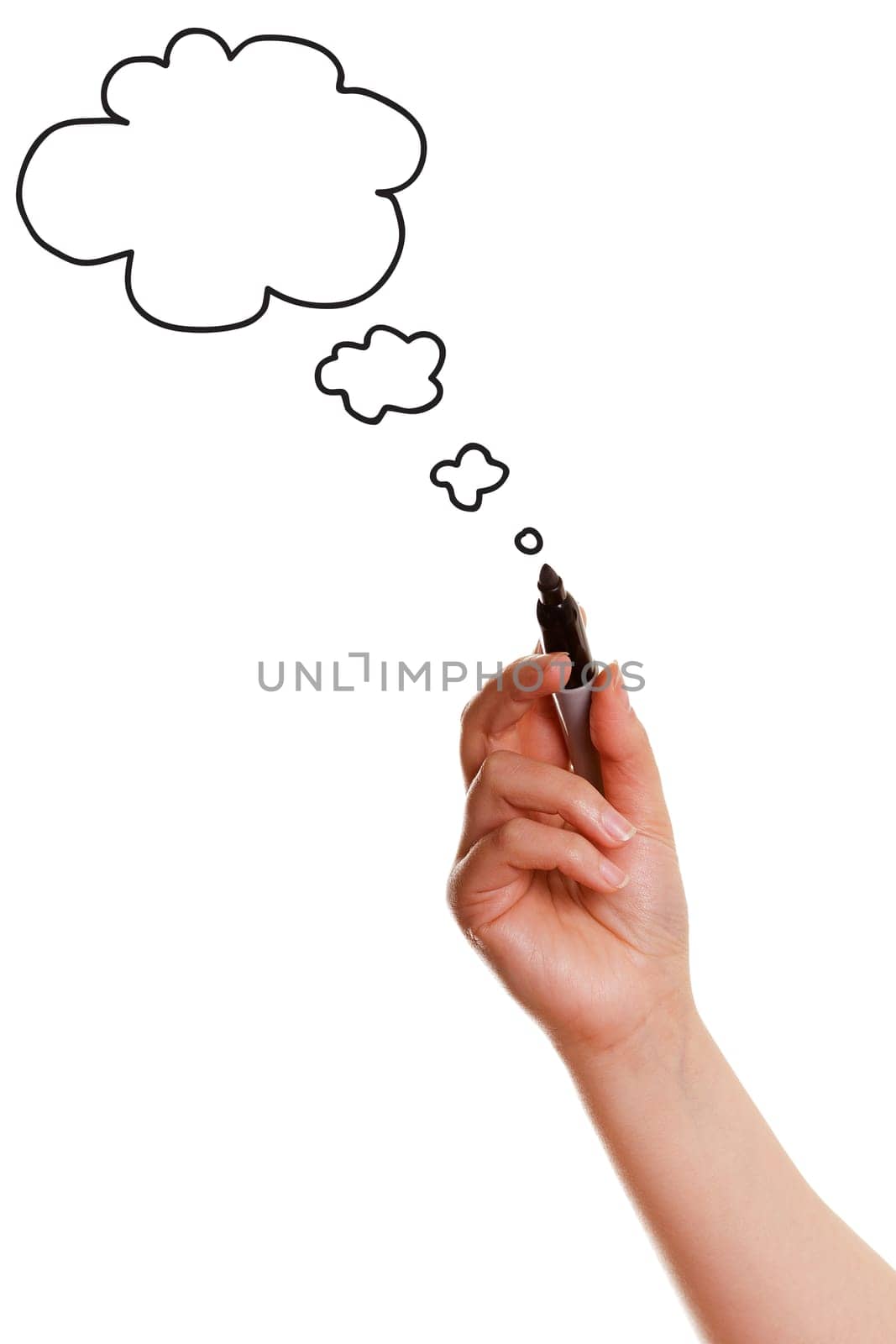 woman's hand with a marker on a white background draws