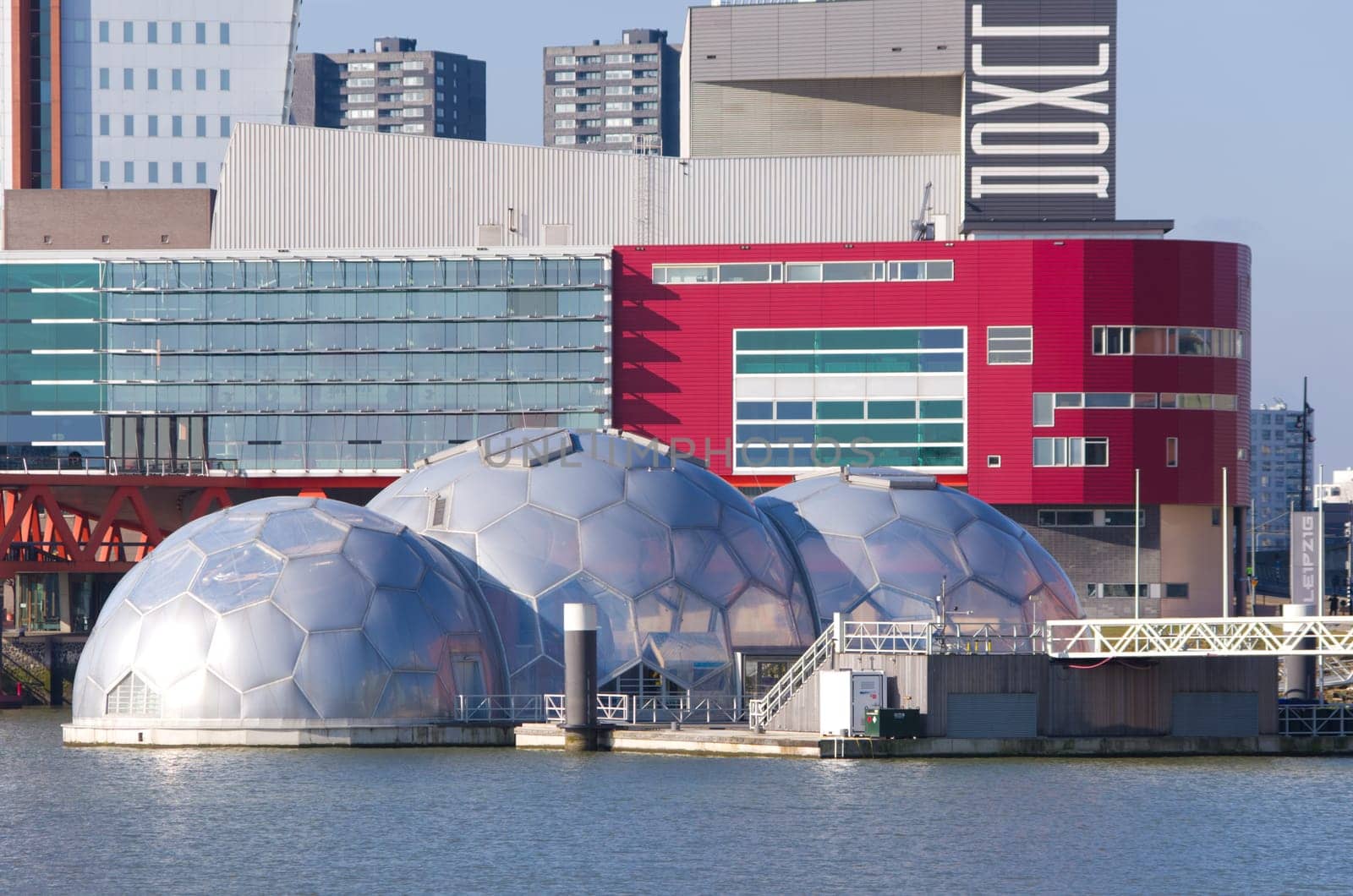 floating spheres in Rotterdam, Netherlands. These are part of a pilot project about sustainable and climate-proof housing in the city.