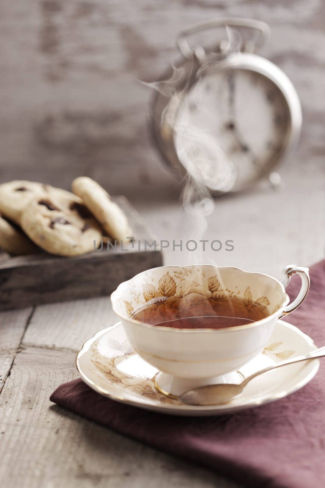 Breakfast with tea and Chocolate chip cookies