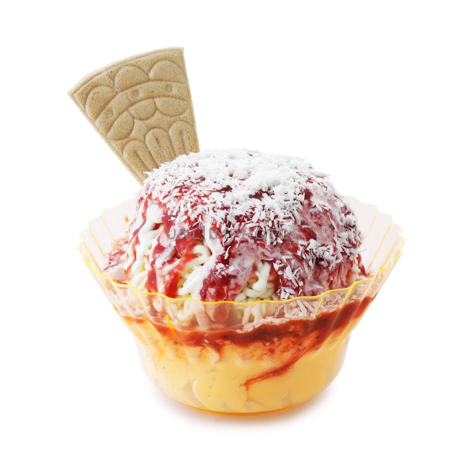 Spaghetti ice cream sundae on a white background