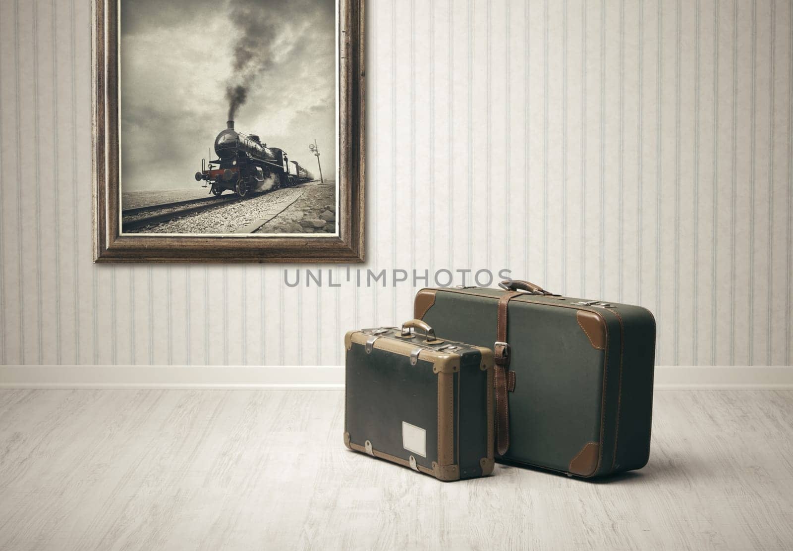 Old-fashioned suitcases alone in a train station.