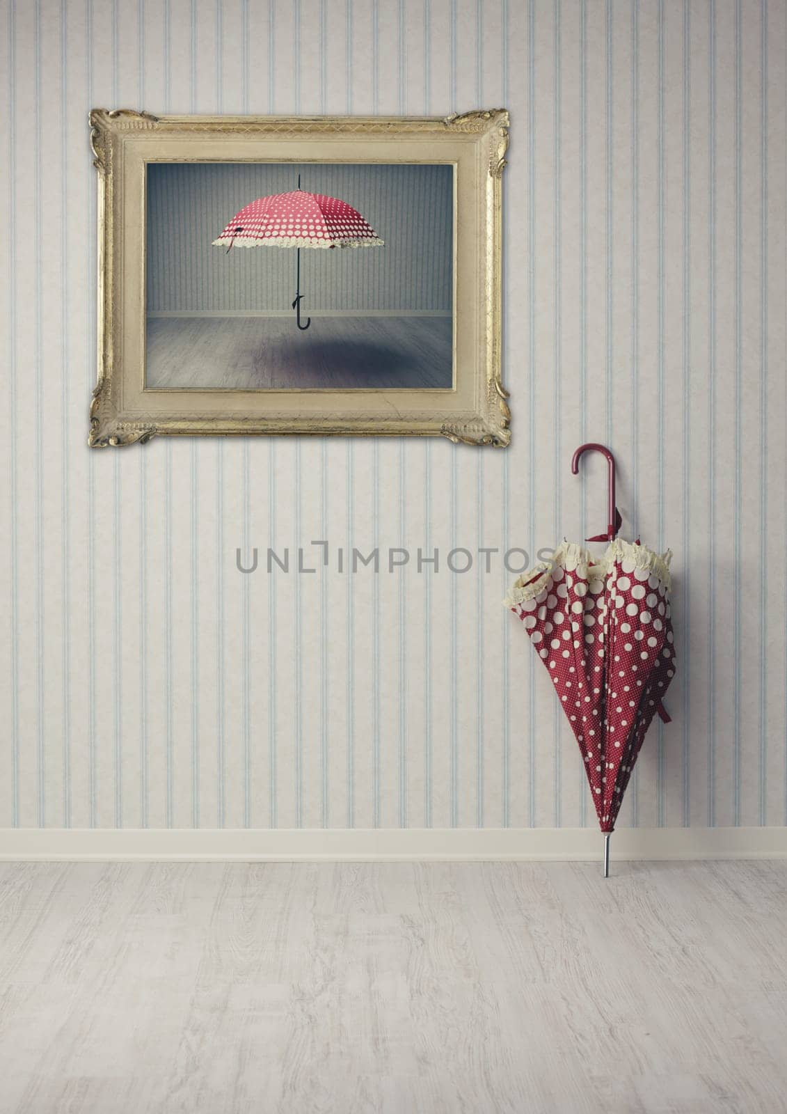 vintage umbrella in an empty room or art gallery