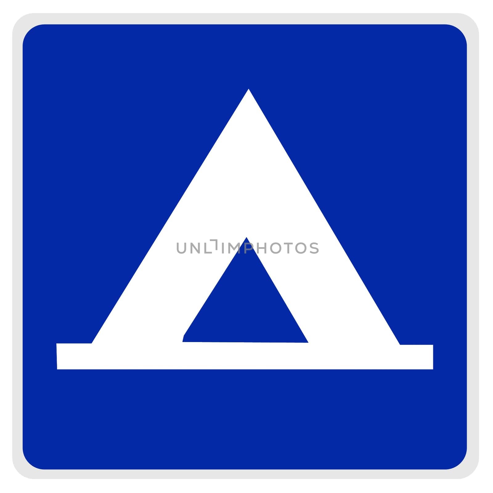 road sign - blue, white tent  - with path