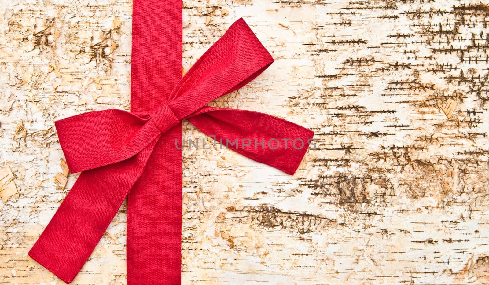 Birch bark background with large red ribbon