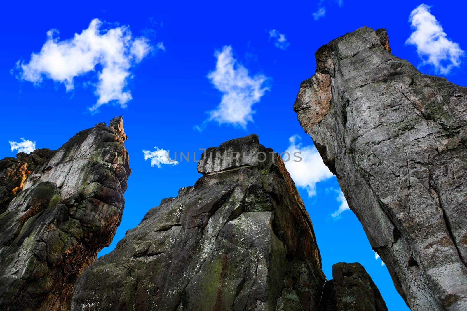 Rock formation with bright blue sky
